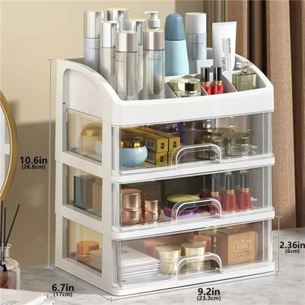 Makeup Organizer Storage Box with 3 Drawers Vanity Cosmetic Jewelry Holder
